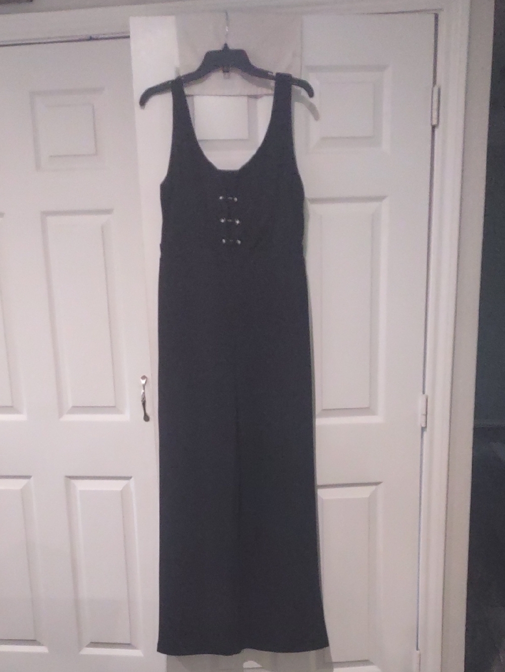 Premier Black Sleeveless Jumpsuit with Rhinestone Lace-Up Detail